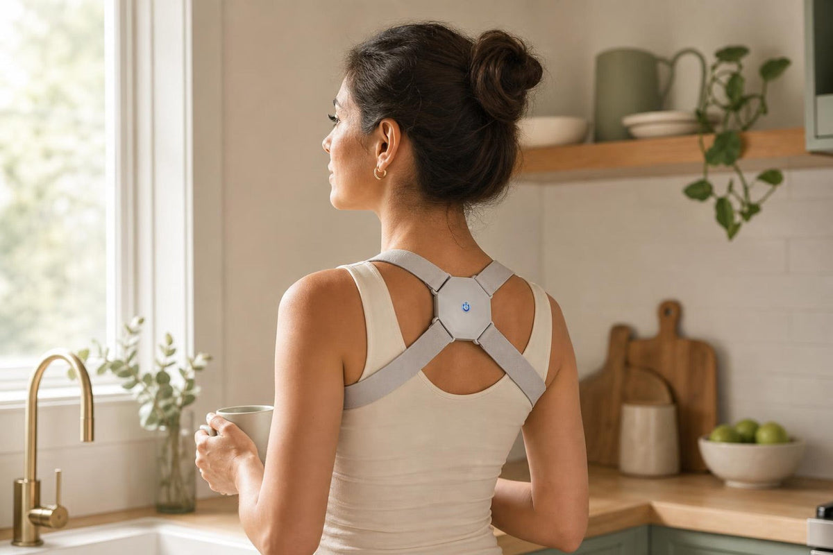 Mujer de espaldas en su cocina con un corrector de postura inteligente sobre una camiseta de tirantes