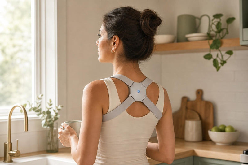 Mujer de espaldas en su cocina con un corrector de postura inteligente sobre una camiseta de tirantes