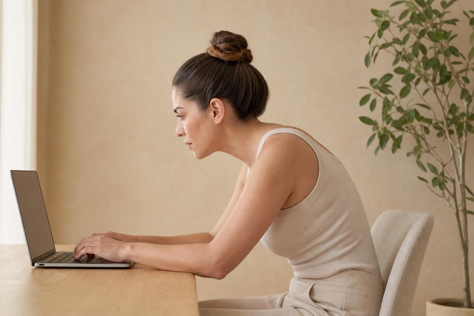 Mujer encorvada frente a su laptop